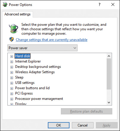 A tab labeled Advanced Settings in "Power Options" screen has text underneath, followed by a link labeled Change settings that are currently unavailable. The value Power saver is selected from a drop down. A box follows with a list of options enclosed in which Hard disk is selected. Three buttons, OK, Cancel, and Apply are at the bottom right.