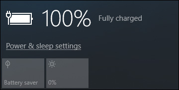 Screenshot shows the battery information which shows 100 percent fully charged, followed by a link labeled Power and Sleep settings. Two buttons, Battery saver and 0% are at the bottom.
