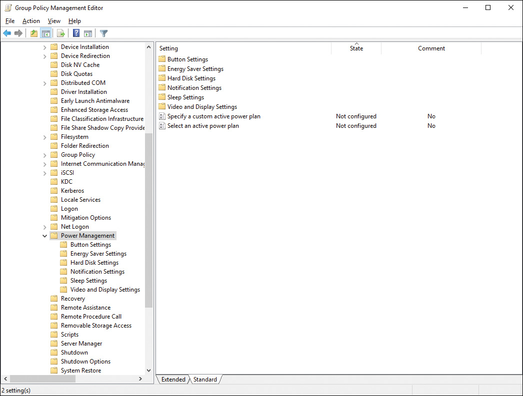 Screenshot shows the Group Policy Management Editor window to configure a large range of Power Management.