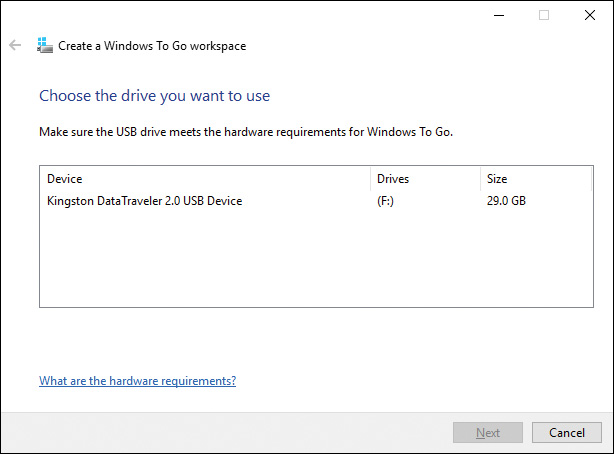 Screenshot shows the Create a Windows To Go workspace window.