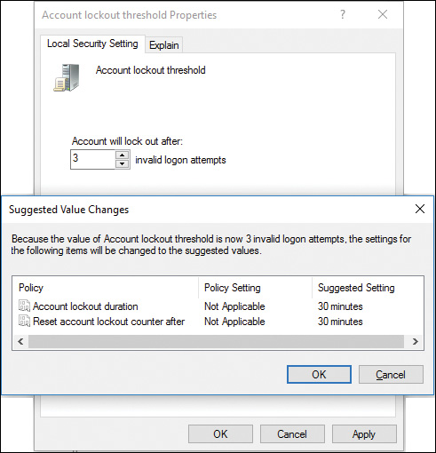 Screenshot shows a suggested value changes dialog box suggesting defaults for the other two lockout policy settings.