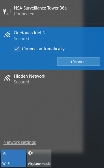 Screenshot shows the connection, NSA surveillance Tower 36a at the top, that says Connected. Onetouch Idol 3 follows, which is selected and shown secured, has Connect automatically checkbox checked with a button labeled Connect underneath. Hidden Network follows, which is secured. A link labeled Network settings is present at the bottom left, with two buttons, Wi-Fi and Airplane Mode underneath.