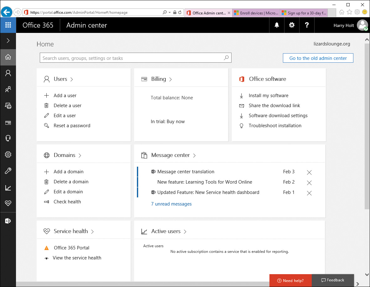 Screenshot shows the process of using Office365 Admin Center to add users for Intune.