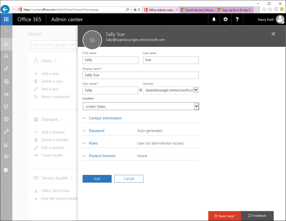 Screenshot shows the process of adding a user in the Office 365 Admin Center.