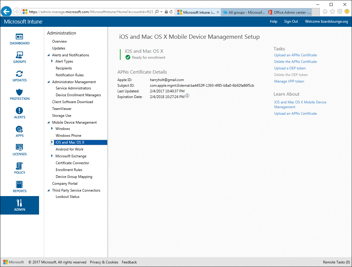 Screenshot shows the process of enrolling iOS devices after installing an APNs Certificate in Intune.