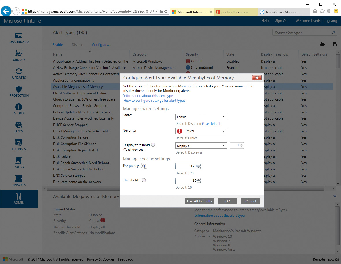 Screenshot shows some alert types in Microsoft Intune with additional attributes that can be configured.
