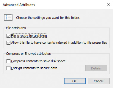 Screenshot shows Advanced Attributes dialog box with File attributes and Compress or Encrypt attributes sections.