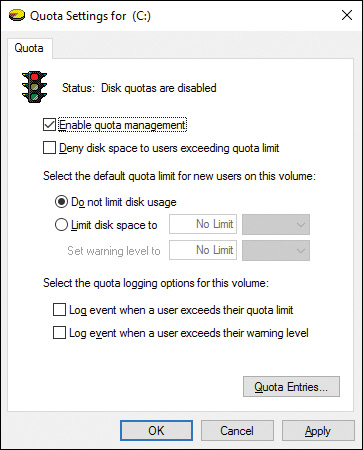 Screenshot shows Quota Settings for (C:) dialog box with Quota tab selected. Enable quota management checkbox is selected. Under Select the default quota limit for new users on this volume, Do not limit disk usage option button is selected. Ok button at bottom is enabled.