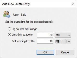 Screenshot shows Add New Quota Entry dialog box with the User indicated as Sally.