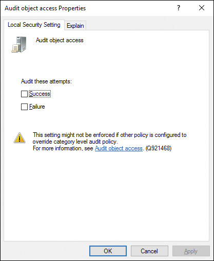 Screenshot shows Audit Object Access Properties dialog box with Local Security Setting tab selected. Audit object access is indicated at top. Under Audit these attempts, Success and Failure checkboxes are not selected. Ok button at bottom is enabled.