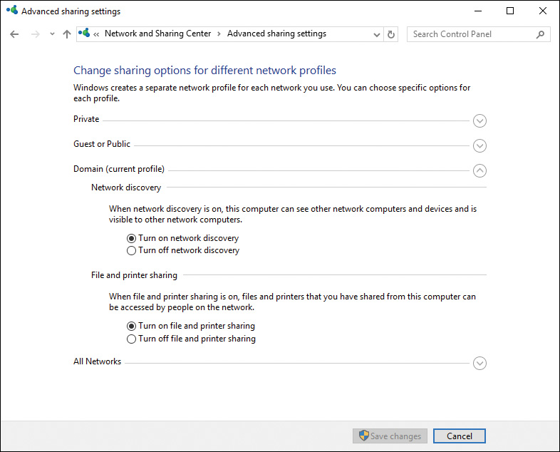 Screenshot shows Advanced Sharing Settings dialog box.