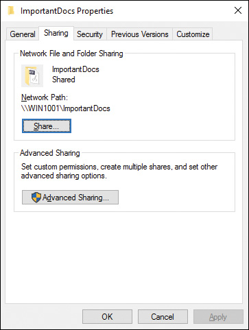 Screenshot shows ImportantDocs Properties dialog box with Sharing tab selected. In the Network File and Folder Sharing section at top, Share button is selected. In the Advanced Sharing section at bottom, Advanced Sharing button is given.