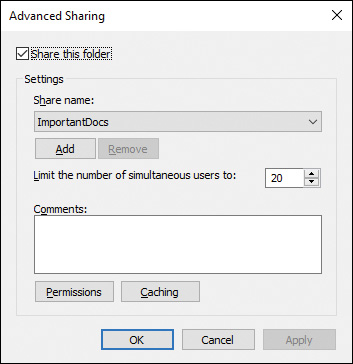 Screenshot shows Advanced Sharing dialog box.