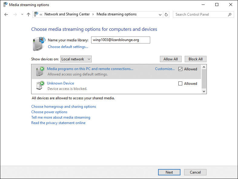 Screenshot shows Media streaming options dialog box with Choose media streaming options for computers and devices indicated at top.
