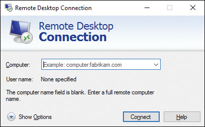 Screenshot shows Remote Desktop Connection dialog box. Computer drop-down box is at top. User name is indicated as None specified. Connect button at bottom is enabled.