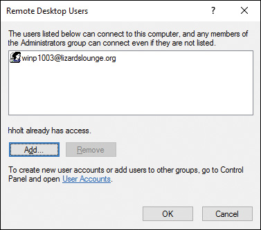 Screenshot shows Remote Desktop Users dialog box. In a list box, winp1003@lizardslounge.org is indicated, which is the user that can connect to the computer. Add button below the box is enabled.