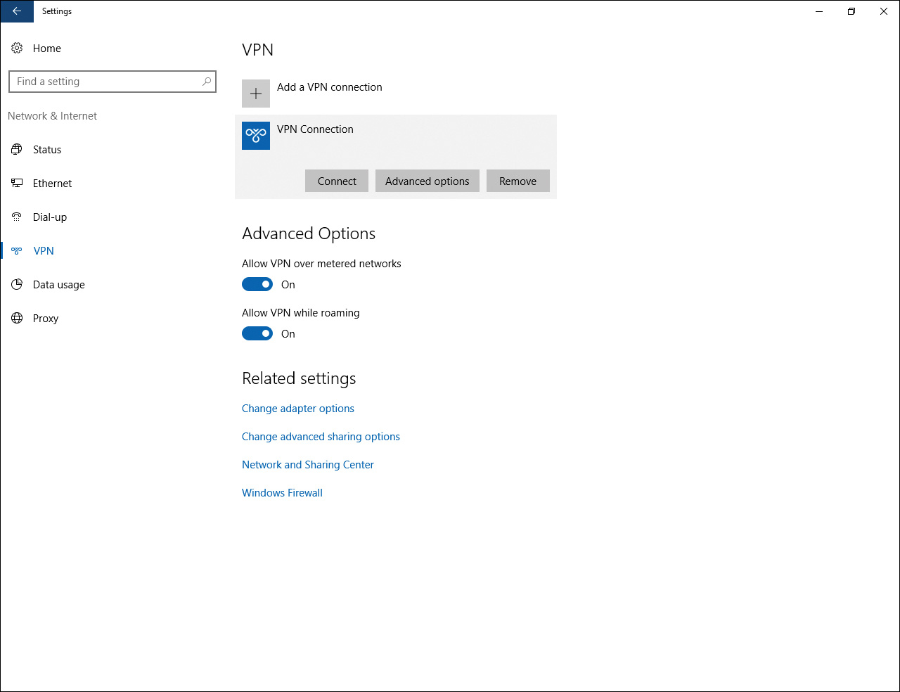 Screenshot shows Settings window. In the left pane, VPN is selected under Network and Internet. The right pane represents VPN. Under Advanced Options, for Allow VPN over metered networks and for Allow VPN while roaming, On is set in the option buttons.