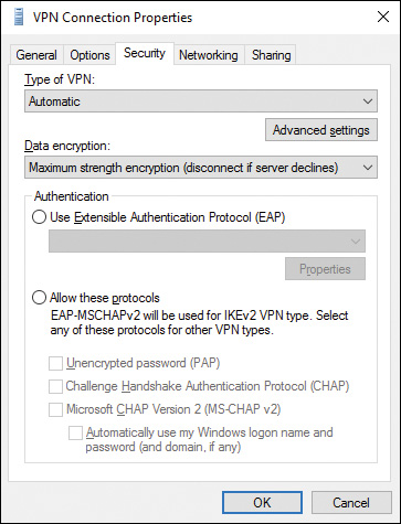 Screenshot shows VPN Connection Properties dialog box with Security tab selected at top.