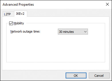Screenshot shows Advanced Properties dialog box with IKEv2 tab selected at top. Mobility check box, which represents a section, is selected. In Network outage time drop-down box, 30 minutes is selected. Ok button at bottom is enabled.
