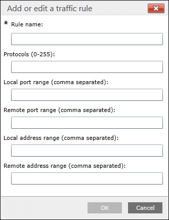 Screenshot shows Add or edit a traffic rule dialog box. Textboxes from top to bottom represent Rule name, Protocols (0-255), Local port range, Remote port range, Local address range, and Remote address range.