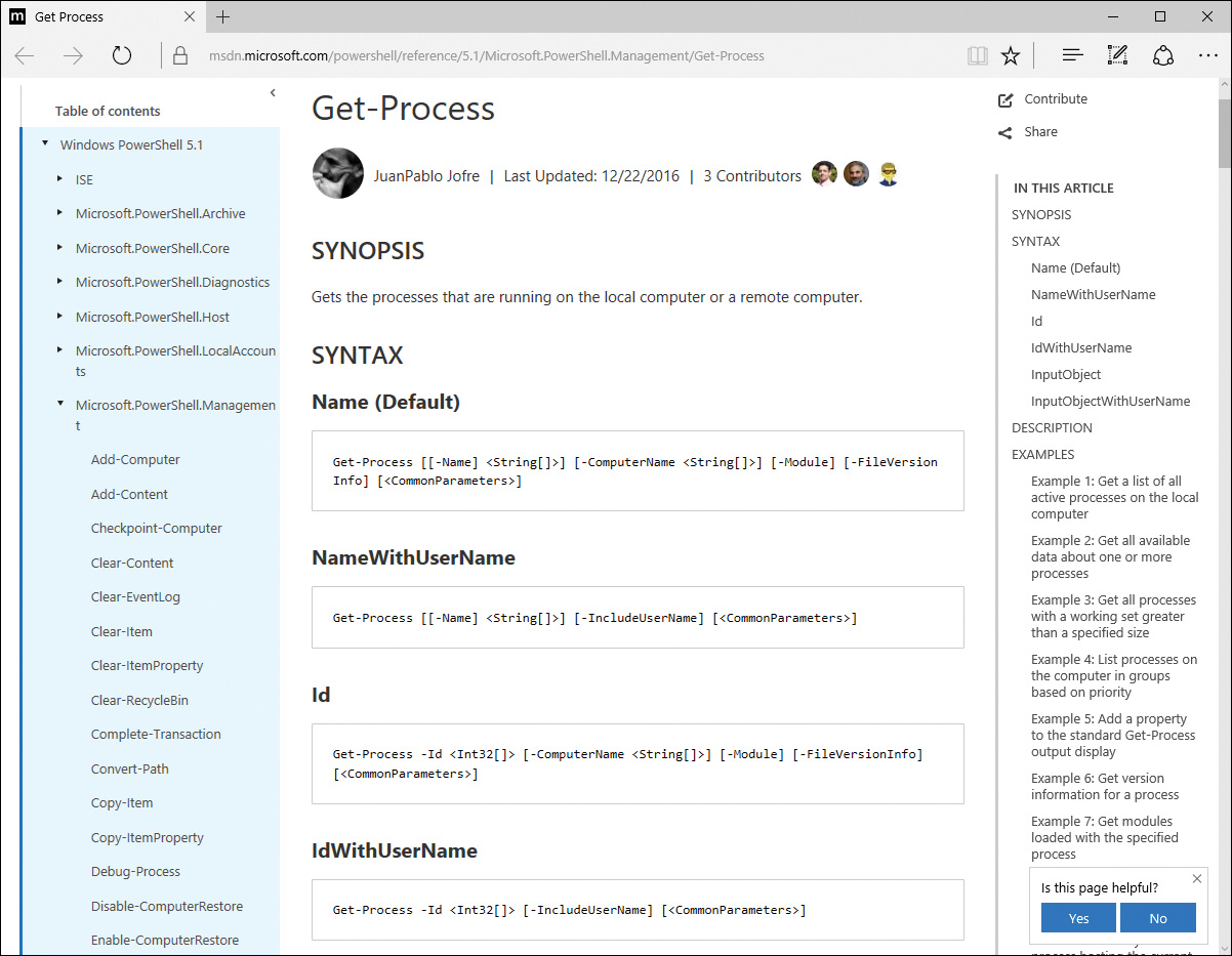 Screenshot shows a web page representing Get Process. Table of contents is displayed in the left pane. Synopsis of Get-Process with its syntax for Name (Default), Name with user name, Id, and Id with user name is displayed in the content pane.