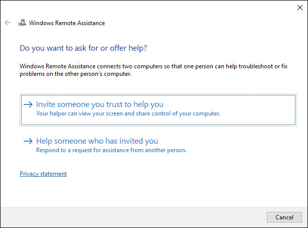 Screenshot shows Windows Remote Assistance dialog box. Do you want to ask for or offer help? is indicated at top. Invite someone you trust to help you option is enabled with Help someone who has invited you being another option.