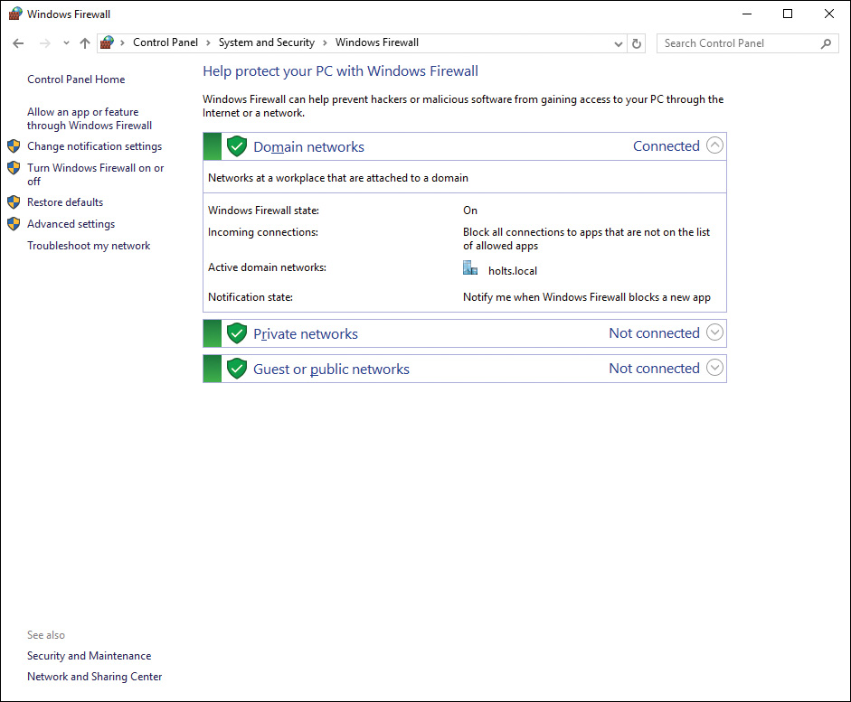 Screenshot of the Windows Firewall applet illustrating the firewalls rules set-up for all networks.