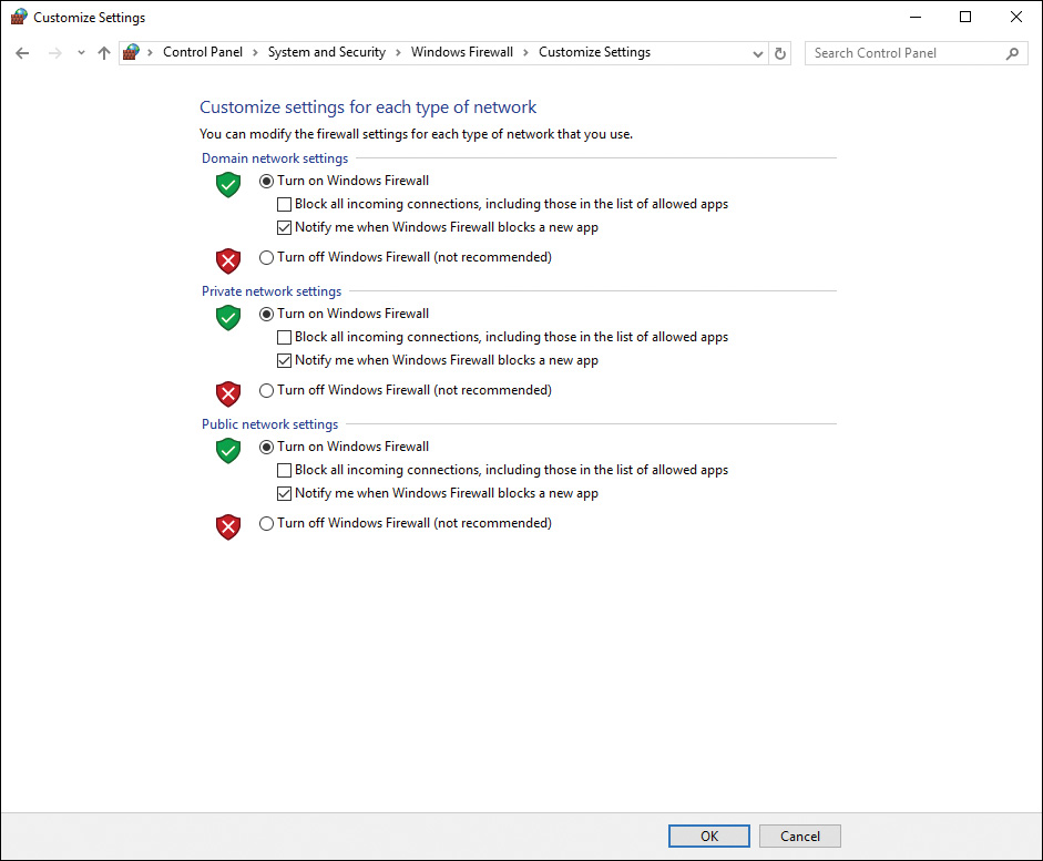 Screenshot of the Customize settings page of the Windows Firewall applet.