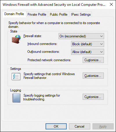 Screenshot of the Windows Firewall with Advanced Security dialog box illustrating the configuration of profile specifics for different network.
