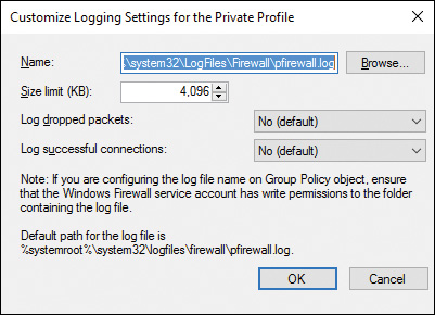 Screenshot of the Customize Logging settings dialog box specific to Private Profile.