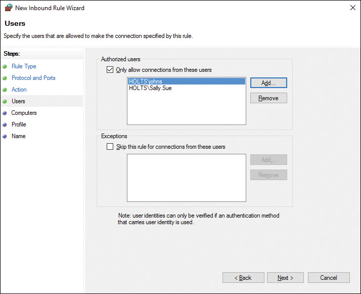Screenshot of the New Inbound Rule Wizard displaying the option for choosing Authorized users.