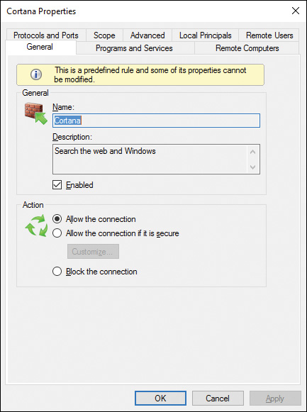 Screenshot of the Properties dialog box illustrating the modifications that can be made for Windows firewall rules with Advanced Security.