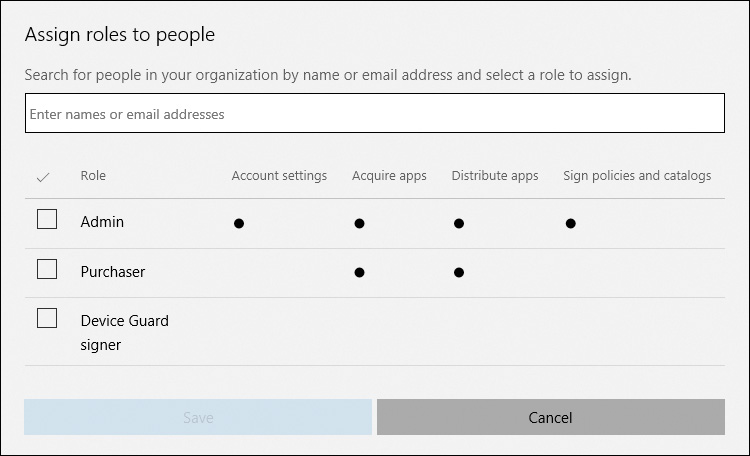 Screenshot of the Assign roles to people page illustrating the different roles available in Windows Store for Business.