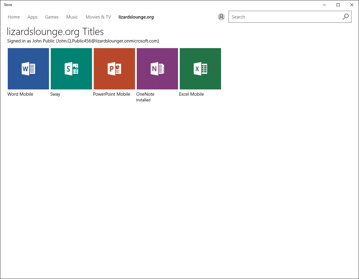 Screenshot of the Windows Store for Business signed in by user "John Public" into "Lizards Lounge." A tab is labeled after the "Lizards Lounge" organization, in which 5 different app shortcut icons are given.
