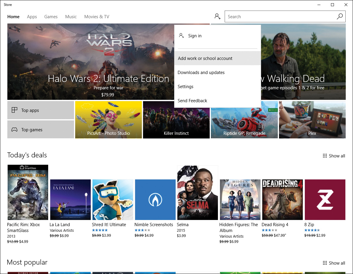 Screenshot illustrating adding a work or school account to Windows Store. At the top, to the left of the search bar, a user account icon is shown to be clicked and a pop up with Add account option is shown.