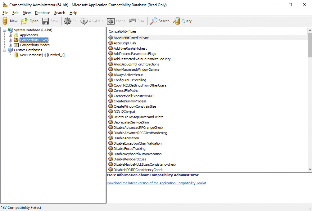 Screenshot of the Compatibility Administrator illustrating the use of the tool. It has a console tree in the left revealing applications, compatibility fixes (selected,) compatibility modes, and custom databases.