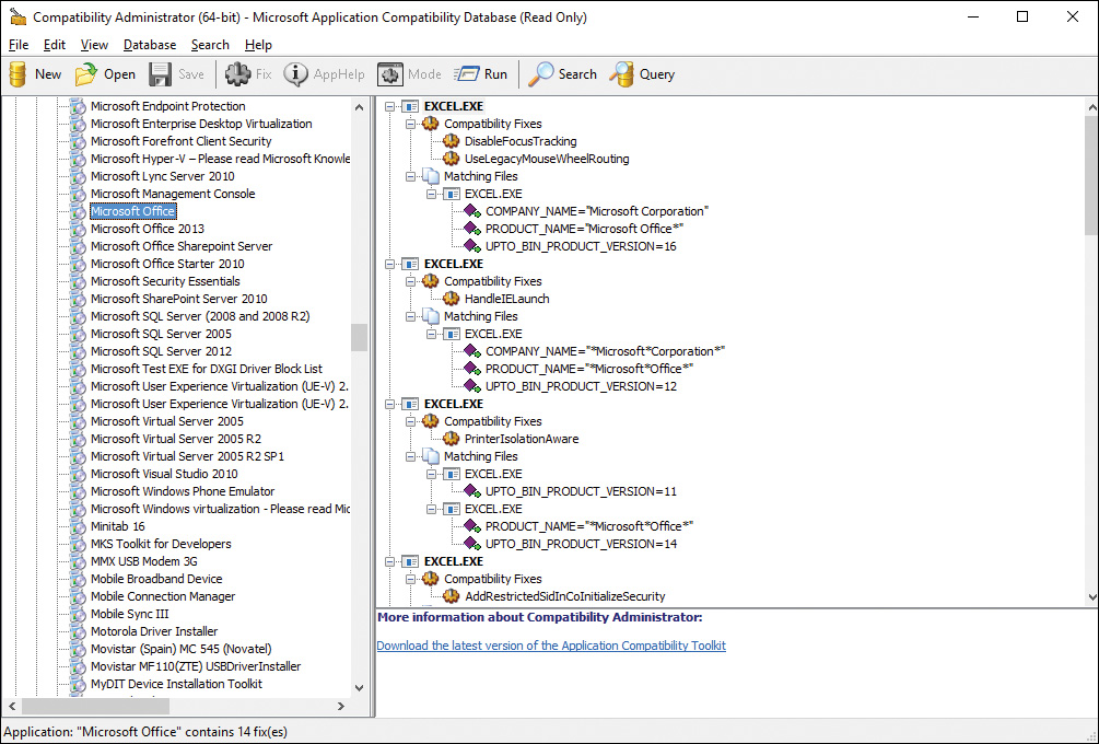Screenshot of the Compatibility Administrator's console tree listing different Microsoft applications (MS Office is selected,) and the details pane shows different fixing files for MS Excel.