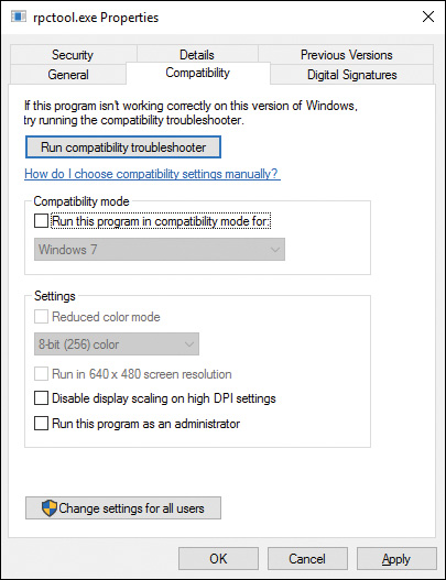 Screenshot of the Properties dialog box specific to an installed application.