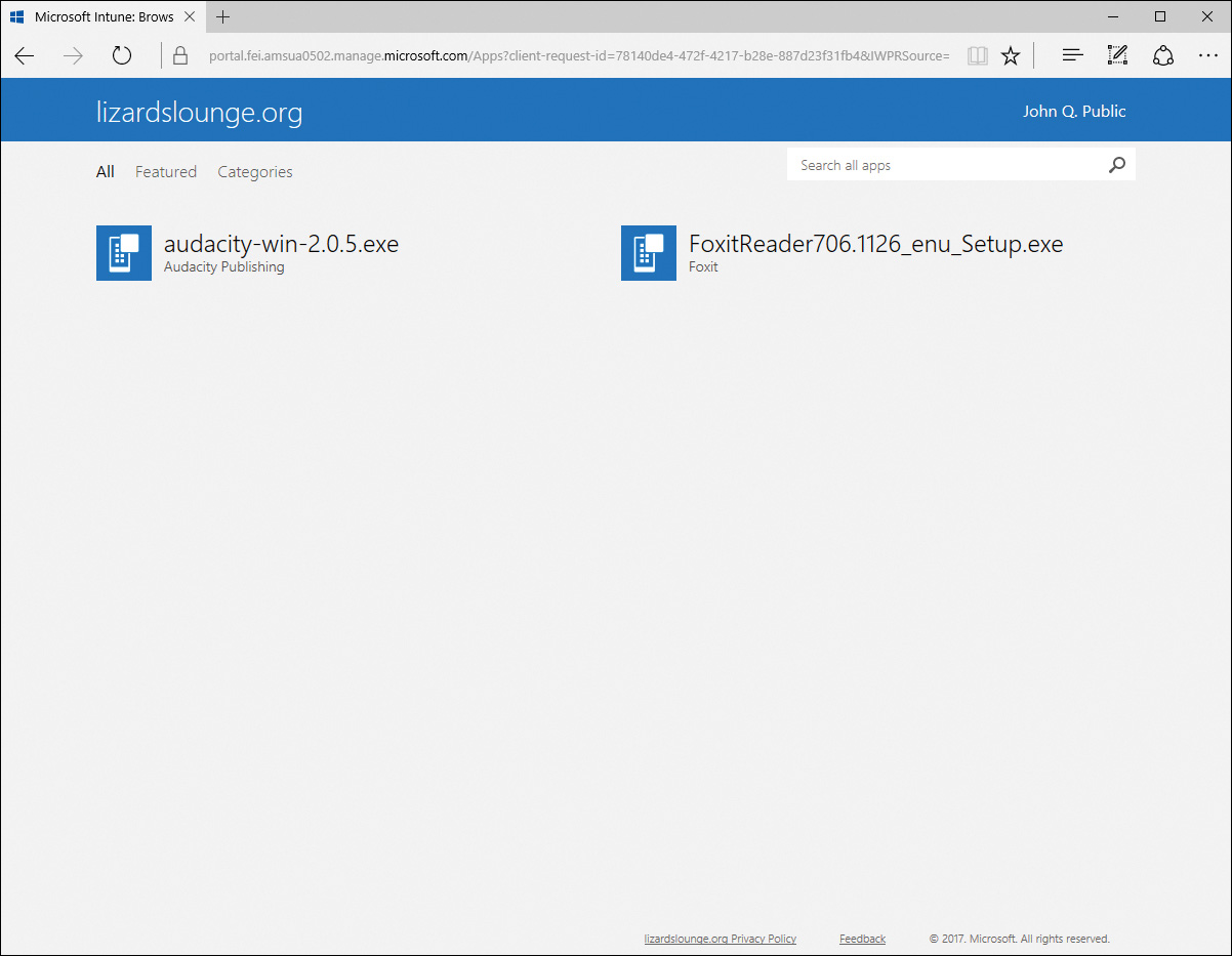 Screenshot of the Microsoft Intune Portal showing the list of installed desktop applications. In this screenshot, Audacity and Foxit Reader are listed.
