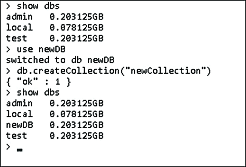 Screenshot shows a sample for creating a new database in MongoDB console shell.