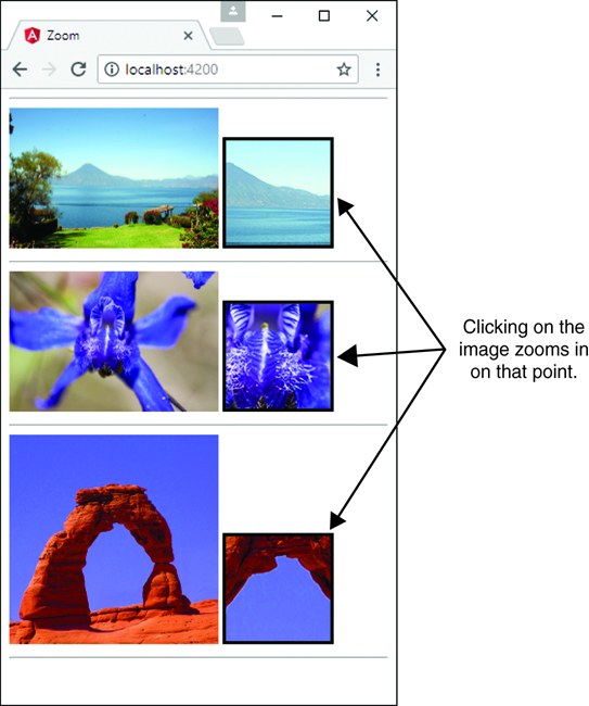 A browser window labeled Zoom, with URL localhost:4200, is present with three photographs of a mountain, Flower, and an Arch. The center part of the photos are zoomed in and are shown on the left side that points toward a text that reads, Clicking on the image zooms in on that point.