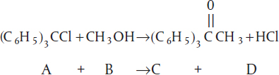 Chlorotriphenylmethane Triphenylmethyl chloride (C6H5)3 CCL represents A, Methanol (CH3OH) represents B, Triphenylmethane ((C6H5)3CH) represents C and Hydrochloric acid represents D. The reaction reads: A plus B reacts to form C plus D.
