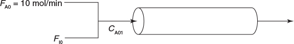Schematic shows a horizontal cylinder. F subscript (A0) equals 10 mol per min and F subscript 10 merge and pass horizontally through the left end of the cylinder labeled C subscript (A01). An arrow is shown at the right end of the cylinder.