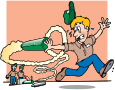 A cartoon shows a person running away from smoke out of a cylindrical can with two other persons looking at him.