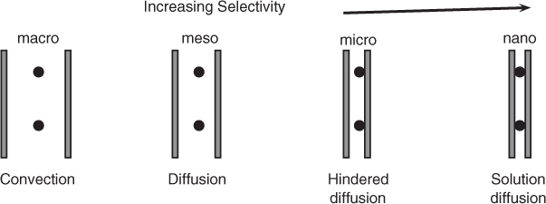 A few figures illustrating the effect of pore size on the transport mechanism of solute in membranes.