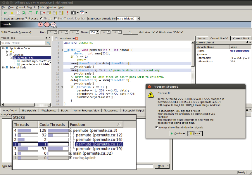 Screenshot of a program stopped window overlapping the window Allinea DDT v4-0-BRANCH[Trial Version].