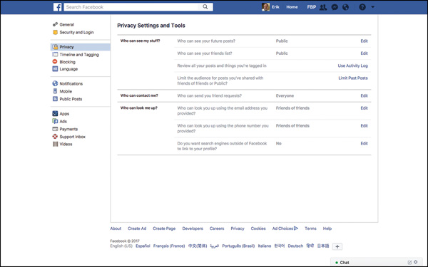 A screenshot shows the privacy settings in a Facebook page.