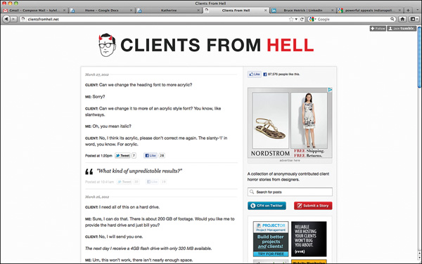 A screenshot shows a webpage titled clients from hell. Two posts are present in the page. An advertisement is present on the right. Follow and Join tumblr buttons are shown at the top.