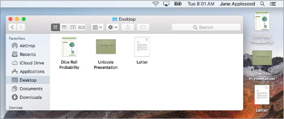 A snapshot shows the finder window displaying the files of the desktop folder opened over the desktop. The files displayed on the desktop and the finder are the same.