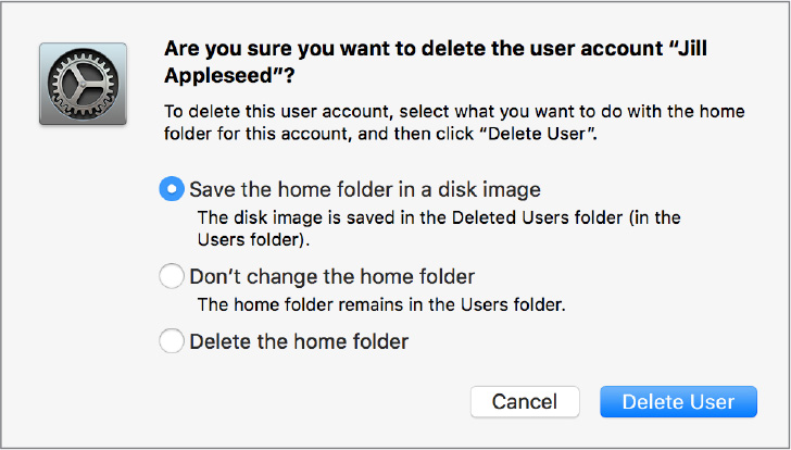 A dialog prompts the user to choose options for the home folder of an account before deleting the user account (Jill Appleseed).